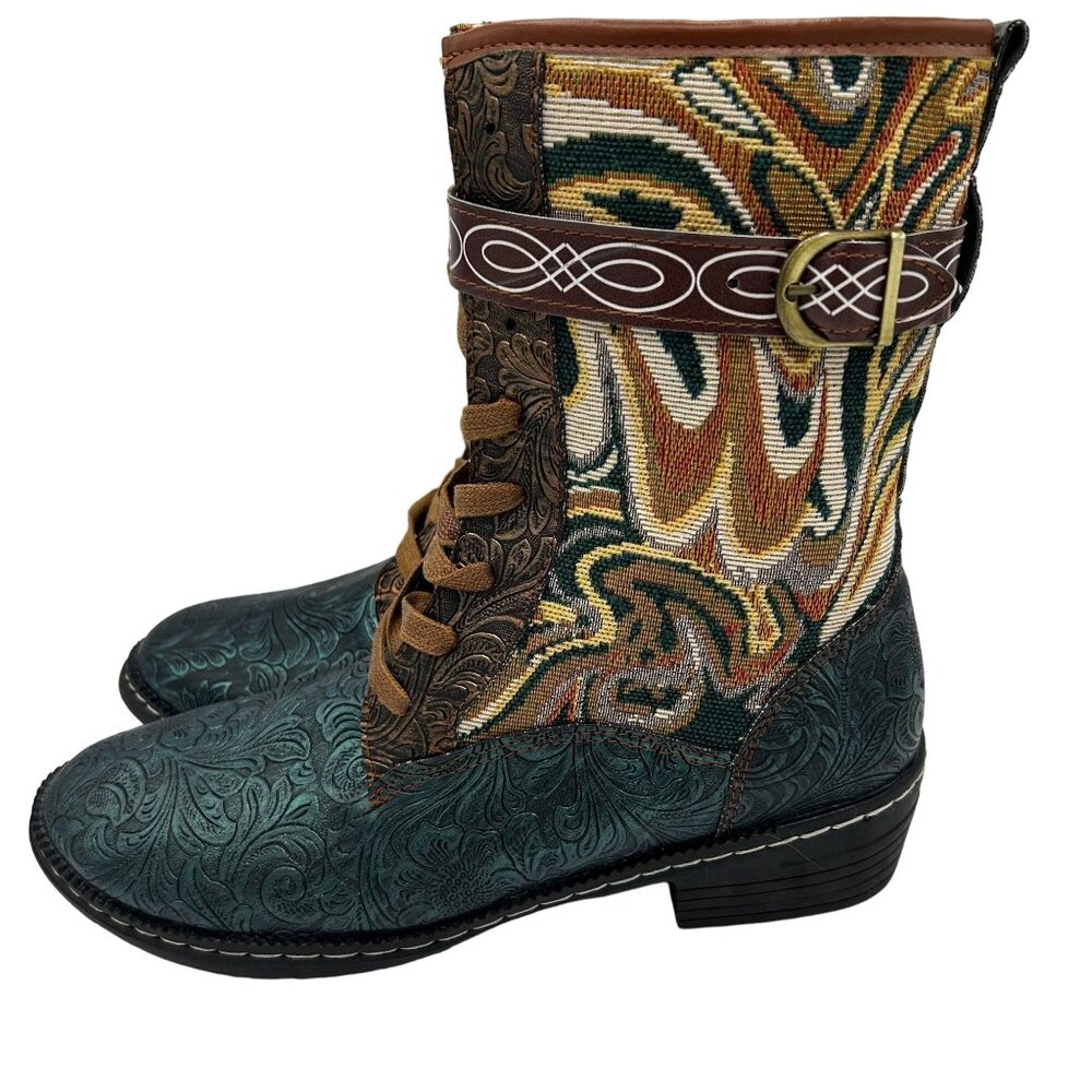 Womens Size 43 Bohemian-Style Mid-Calf Lace-Up Boots With Embossed Floral Design